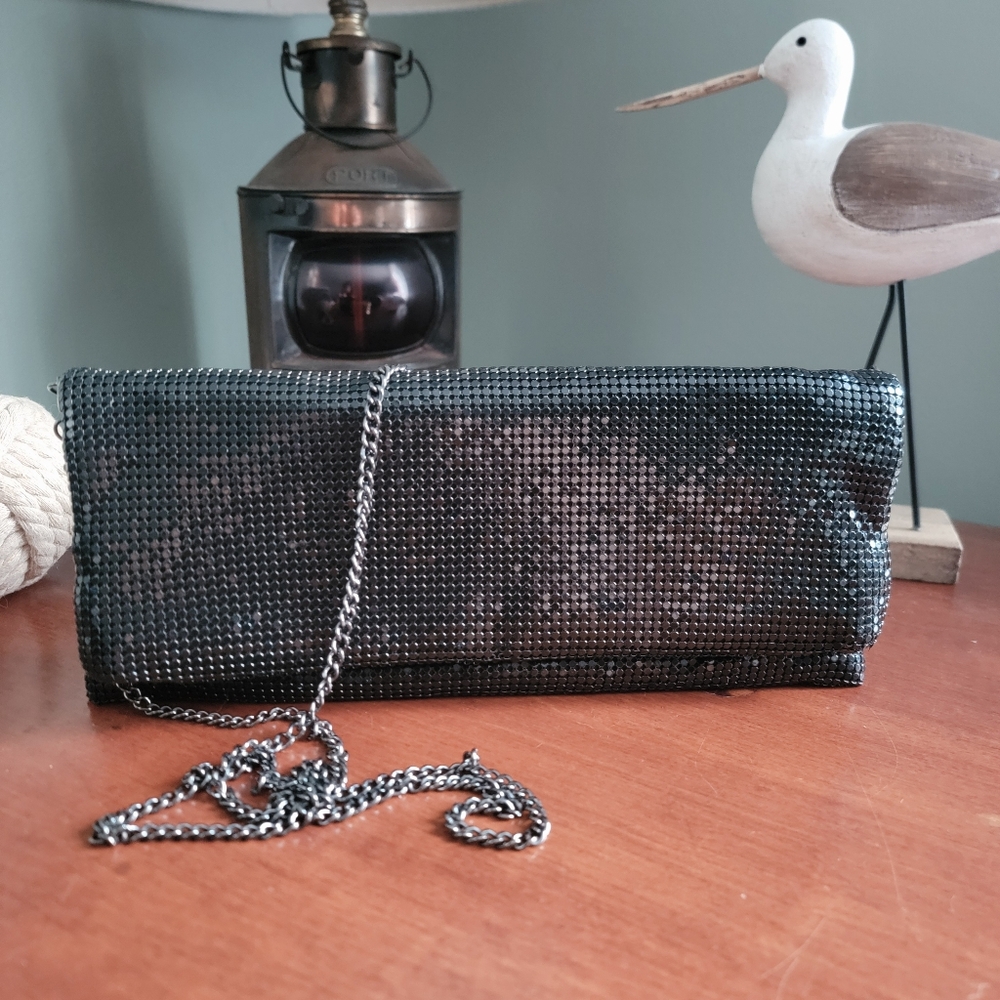 Nordstrom Black Gunmetal Mesh Chain Crossbody Clutch Evening Bag Metallic Purse